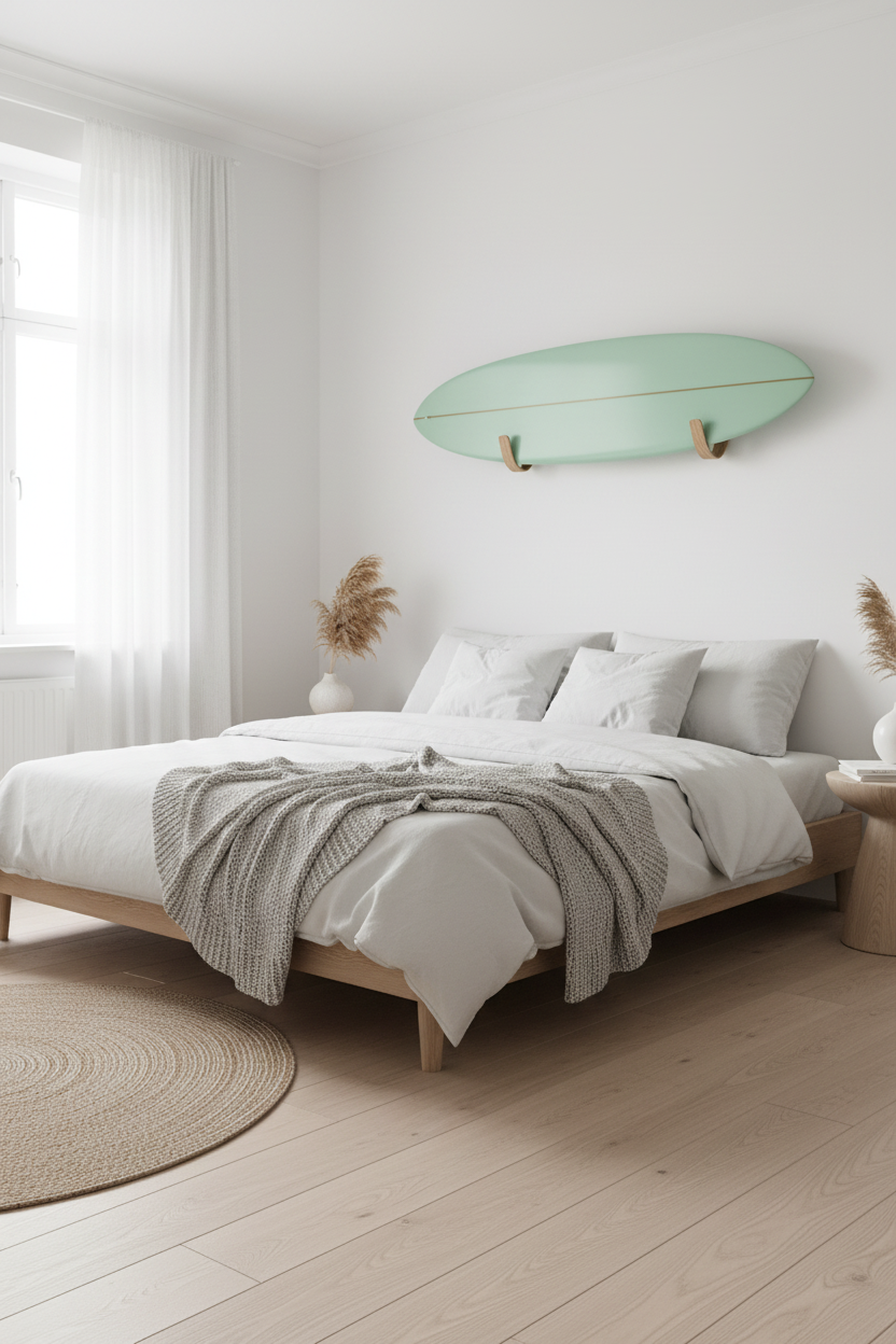 Oak Surfboard rack mounted in the bedroom