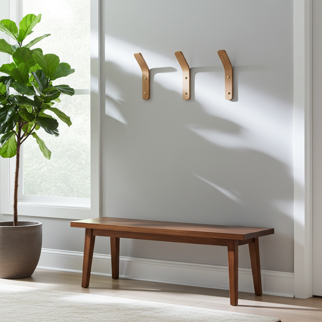 Wooden bench and plant in a room with light gray walls and wooden hooks.