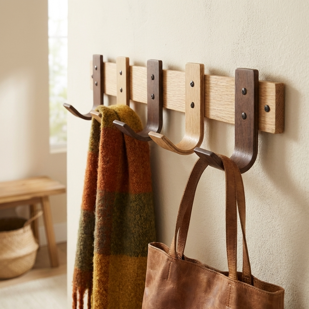Wooden wall hook with a bag and blanket hanging on it against a neutral wall.
