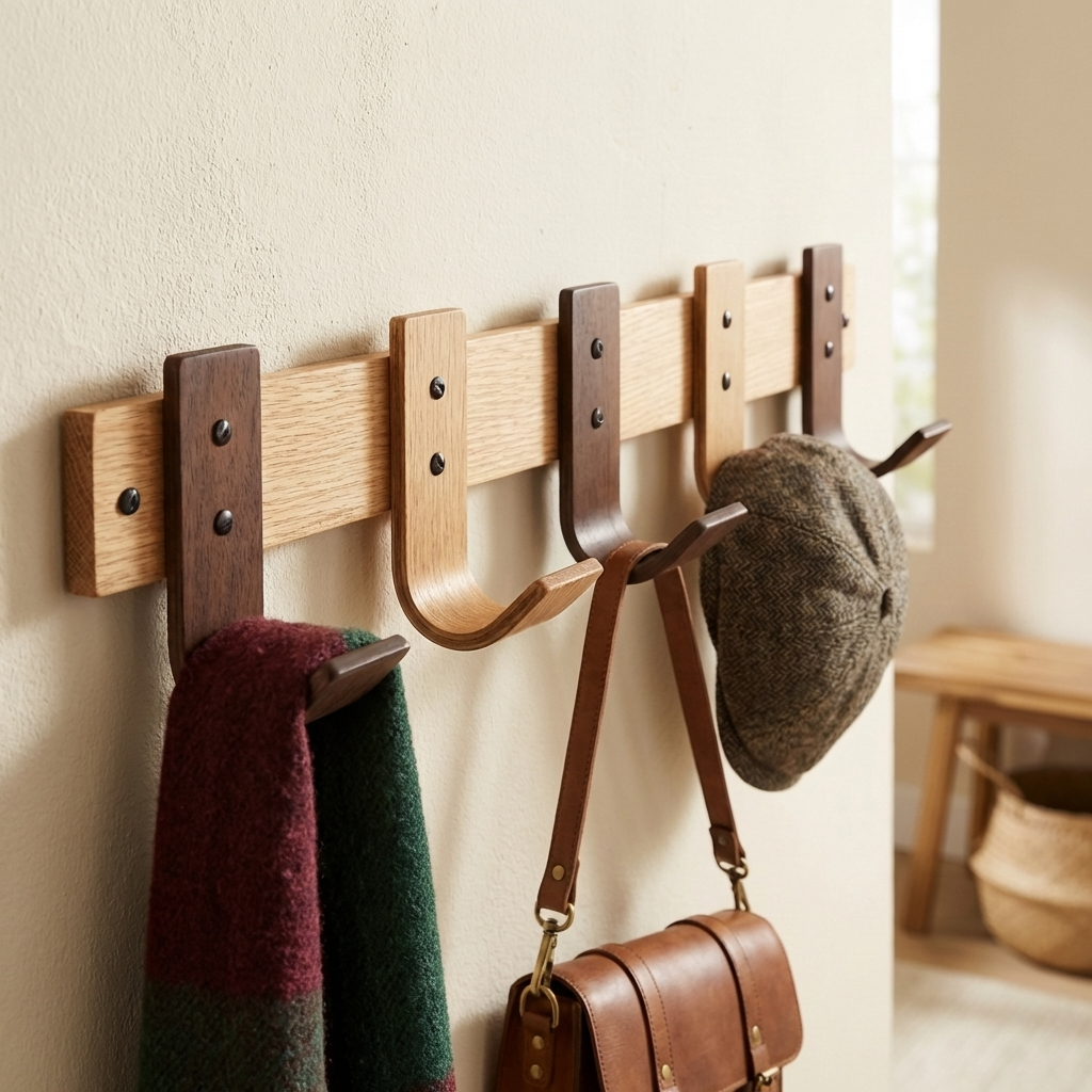 Wooden wall hooks with a hat, coat, and bag on a neutral wall.