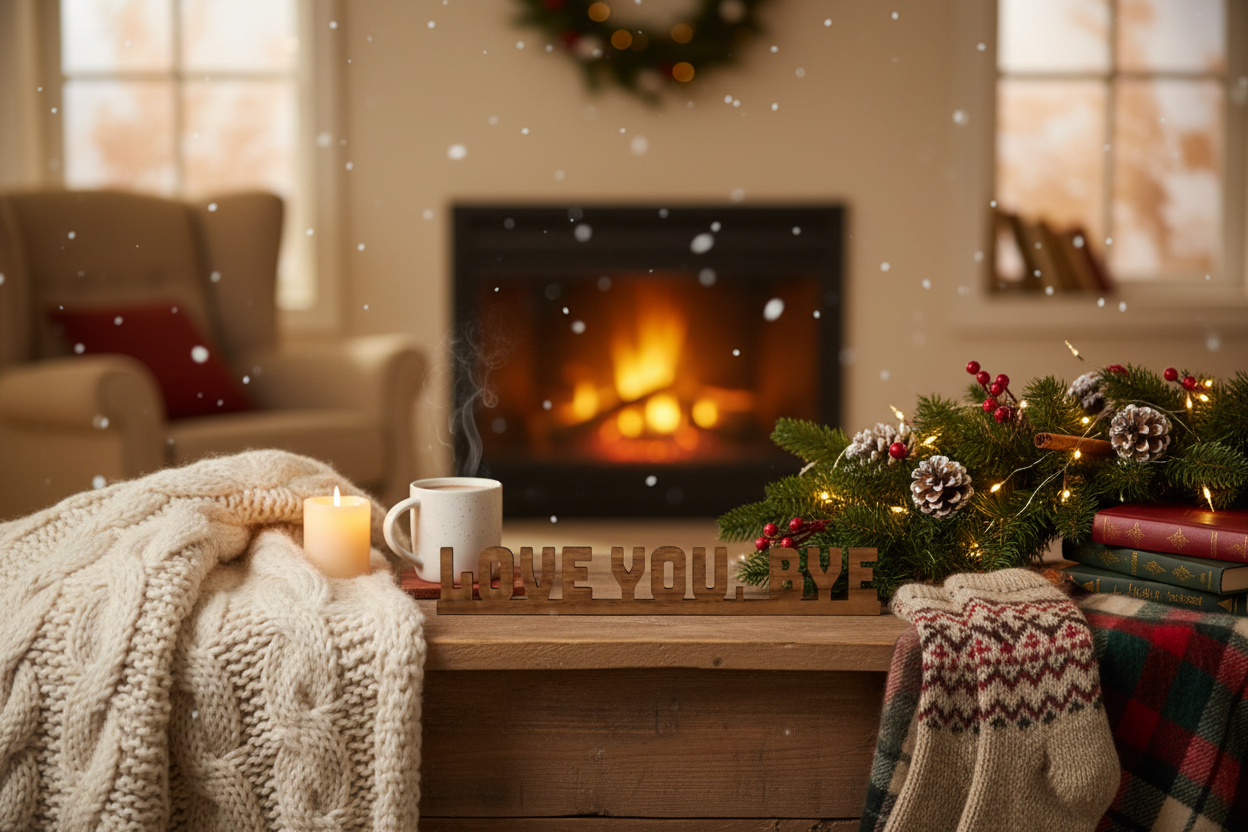 Cozy living room with a fireplace, Christmas decorations, and a mug on a table.