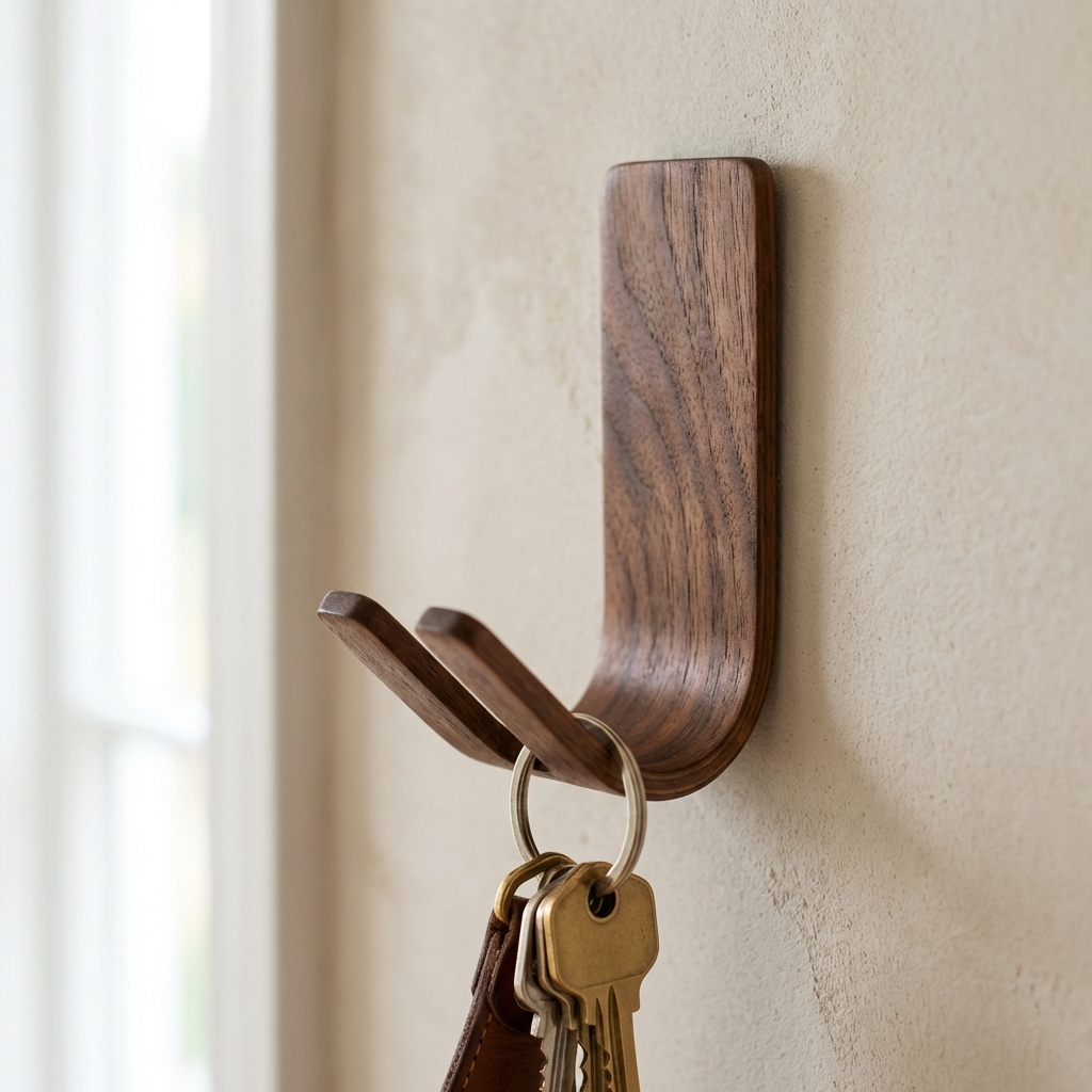 Solid walnut adhesive hook for bathroom hallway or behind doors