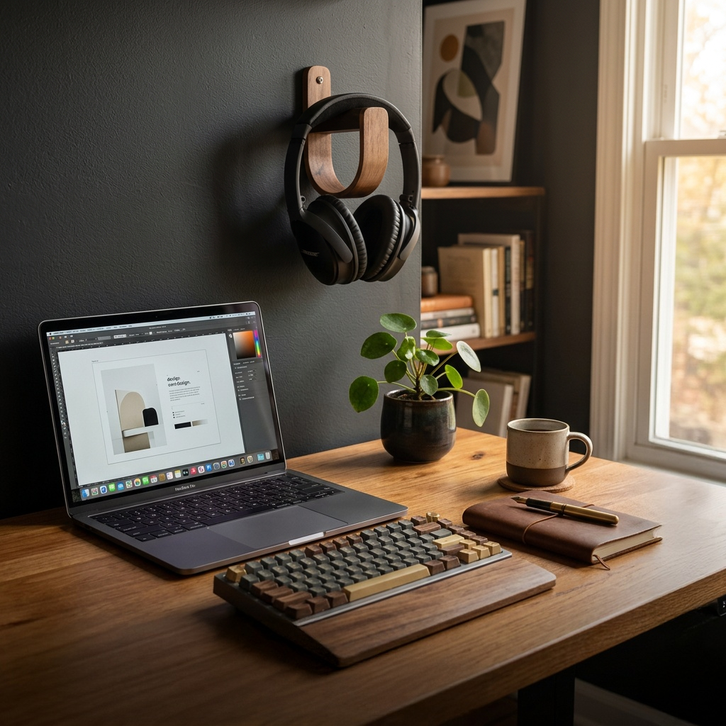Wooden desk with laptop, keyboard, mug, plant, and headphones on a dark wall background