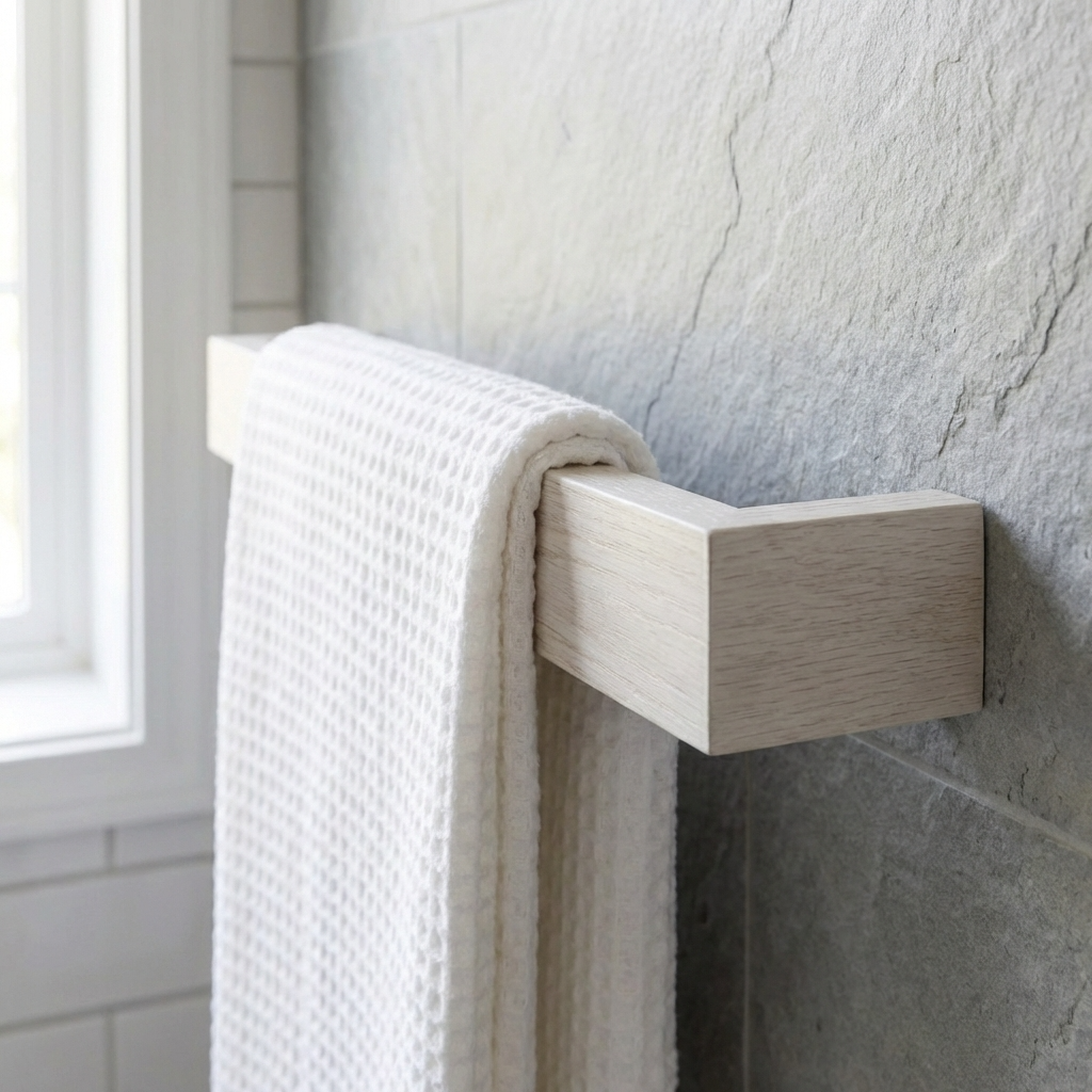 White towel draped over a wooden towel rack against a gray tiled wall.