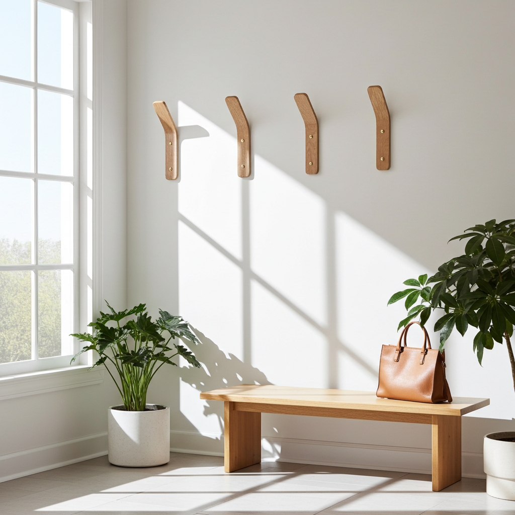 Wooden bench with a brown leather bag in a sunlit room with plants and hooks on the wall.